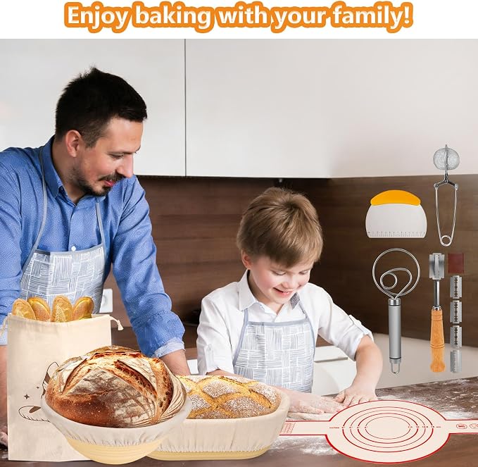 10PS Banneton bread proofing basket Set - 9" Round & 10" Oval Silicone sourdough basket with sourdough tools - Includes proofing basket, lame, scraper, liner - Foldable, Hygienic for Beginners & Pros