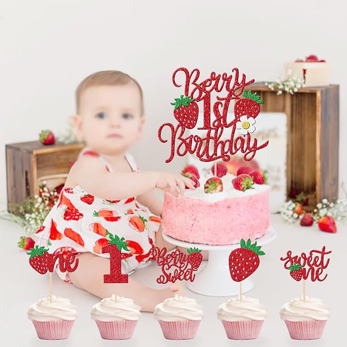 31 PCS Sweet One Strawberry Cupcake Toppers Red Berry 1st Birthday Cake Topper Strawberry First Birthday Cupcake Picks for Strawberry Theme Baby Shower 1st Birthday Party Decorations Supplies