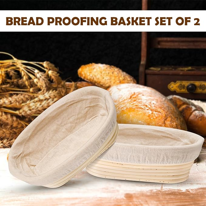 E-far Bread Proofing Basket Set of 2, 10 Inch Oval Dough Bowls for Rising, Sourdough Bread Baking Supplies with Liners for Home and Professional Baking