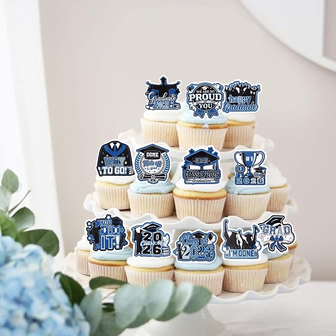 60 PCS Edible 2026 Graduation Cupcake Toppers Class of 2026 Party Cake Decorations Edible Diploma Congrats Grad Cap Cupcake Picks for 2026 Graduation Theme Party Cake Decorations Supplies Black Blue