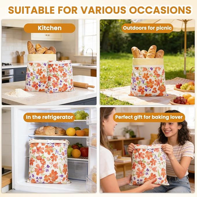 Beeswax Bread Bag for Homemade Bread Sourdough, 2 Pack Reusable Bees Waxed Infused Linen Wrap for Baguette Loaf Bread Freezer, Fresh Food Keeper Storage Container, Homesteading Essentials Flower Bloom