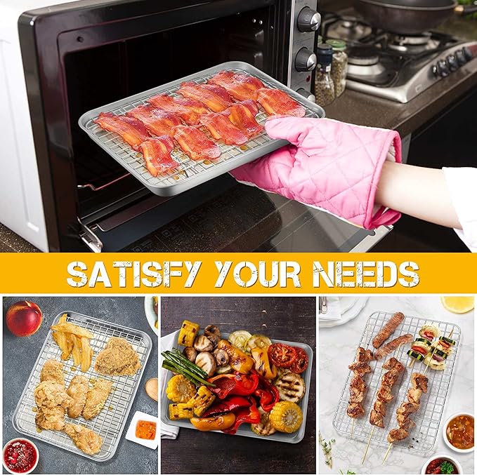 P&P CHEF 9 Inch Toaster Oven Pan with Rack Set, Stainless Steel Baking Pan Tray and Grid Cooling Rack for Cooking/Roasting, Dishwasher Safe & Easy to Clean, Non-toxic & Sturdy, (2Pcs)