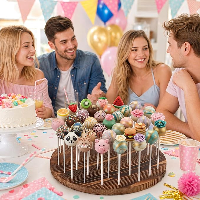 Revolving Cake Pop Holder with 100 Sticks, 97-Hole Wood Lollipop Holder with Rotatable Base, Lollipop Table Display Stand, Round Cake Pop Drying Stand, for Wedding Birthday Holiday Parties Decor