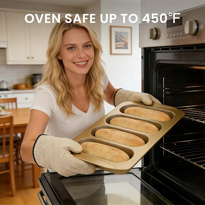 Baguette Bread Pan for Baking, 4 Loaf Nonstick French Bread Baking Pan, Perforated Carbon Steel Bread Loaf Pan for Homemade Baguettes, Sub Rolls and Artisan Bread
