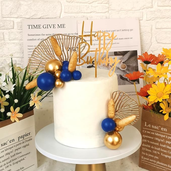 Boho Cake Topper Gold Blue Balls Cake Decorations Palm Leaves Boho Grass for Wedding Birthday (03)
