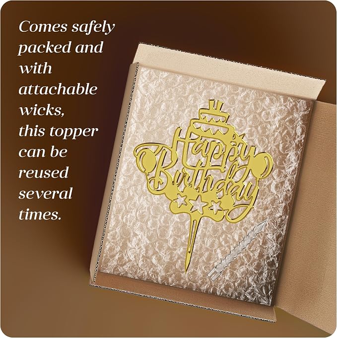 Happy Birthday Cake Topper Candle for Birthday Party Decorations, Acrylic Golden, 2 Wicks, 3 pcs.