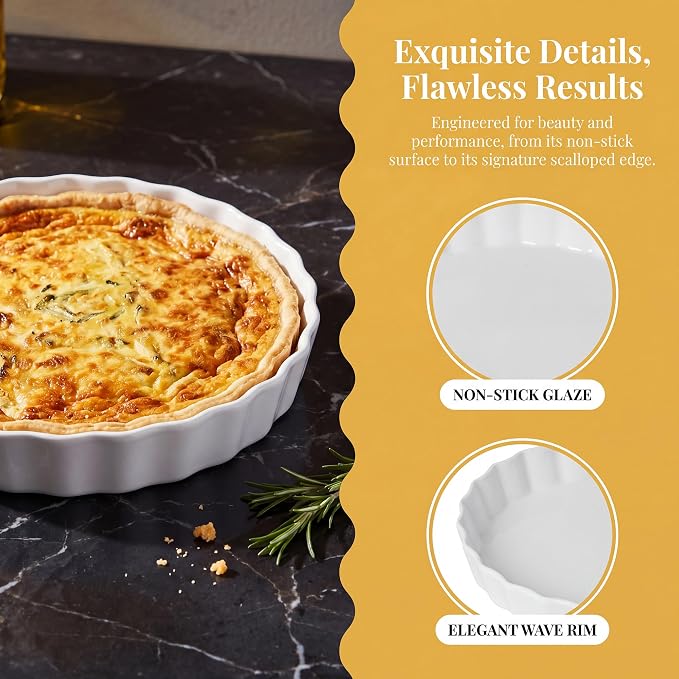 Quiche Baking Dish, Ceramic Quiche Pan, 10 inch Large Round Tart Pan Set of 2, Porcelain Pie Pan Oven Safe, Wave White Baking Dishes for Dessert, Cheesecake, Souffles, Dishwasher Safe, 43 Oz