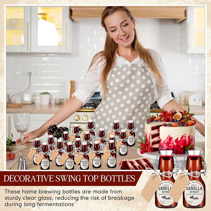 Vesici 12 Sets Swing Top Glass Bottles Set Amber Homemade Vanilla Extract Bottles Vanilla Extract Jars for Christmas DIY Crafts (2 Oz)