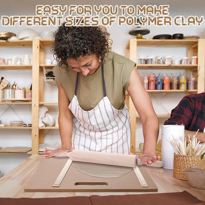 Newtay 12 Pcs Pottery Tools Include 1 Wood Rolling Pin Sculpting Polymer Clay Tools 1 Portable Wedging Board for Pottery with Built in Handle and 10 Pcs 5 Size Pottery Teaching Rolling Mud Stick Guide