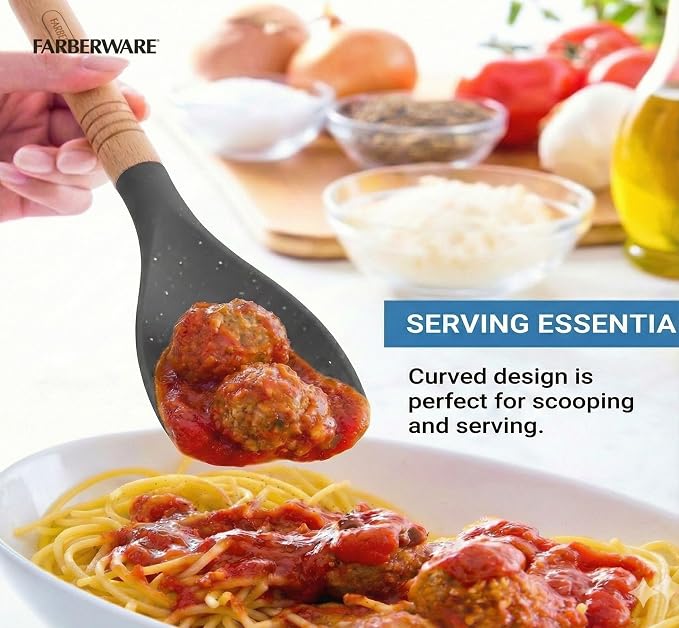 Farberware Pro Spoonula with Grey and White Speckle Design - Beechwood Handle with Hang Hole - Flexible Scraper Spoon for Mixing, Scraping, and Serving in Kitchen