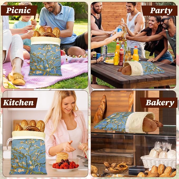 Beeswax Bread Bags, 2 Pack for Homemade Bread and Sourdough Storage | Blossoming Almond Tree Van Gogh, Reusable Polyester Bread Storage With Beeswax Coating And Snap Closures