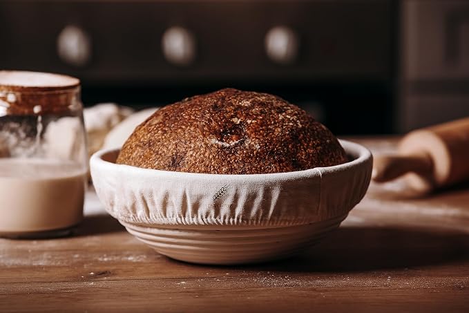 BAKERIA 9" Round Banneton Bread Proofing Basket Set with Starter Jar, Linen Liner, Bread Lame, Dough & Bench Scraper, Bread Whisk – Complete Artisan Sourdough Baking Kit