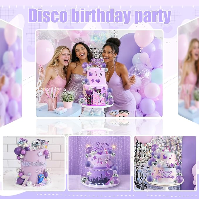 MEMOVAN Purple Music Cake Topper Popular Singer Birthday Cake Decorations with Purple Disco Ball Singer Stars Cake Decorations for Music Singer Kpop themed Birthday Party Supplies