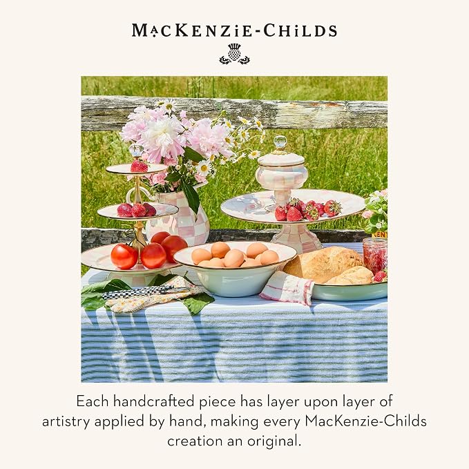 MACKENZIE-CHILDS Enamel Pedestal Platter, Round Cake Stand, Large, Pink-and-White Rosy Check