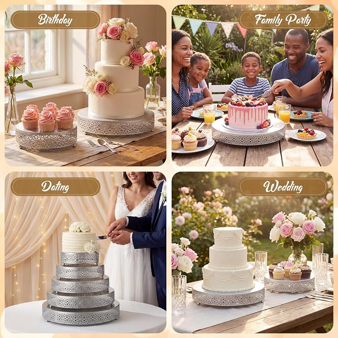 Wenqik 5 Pcs Metal Silver Cake Stand 16/14/12/10/8 Inch Round Cake Holder Display for Dessert Table Cookies Fruit Serving Tray Cupcake Pastry Riser for Wedding Birthday Party and Events