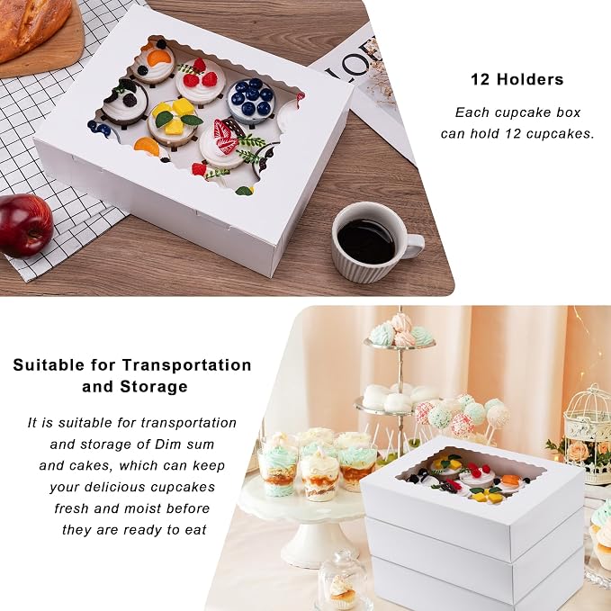 Hoewina 12PCS Cupcake Boxes - Hold 12 Count Cupcake Containers with Window, Food Grade Cupcake Holder Easy Transport and Presentation - Ideal for Cupcakes, Desserts, and More