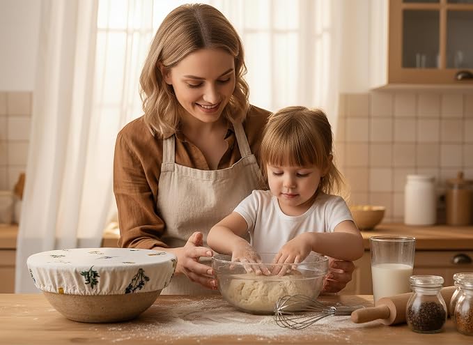 Reusable Bowl Covers (Set of 4) - Breathable Cotton Linen Sourdough Accessories - Elastic Durable Fabric Food Lids for Proofing Baskets & Bread Baking Supplies (Natural Beige)