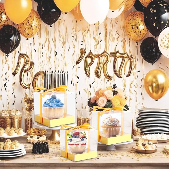 24 Pcs Clear Plastic Cupcake Boxes, 3.5 Inch Single Cupcake Containers for Cake Dessert, Individual Cake Storage Holder with Ribbon Wedding Birthday Party Favor (Gold)