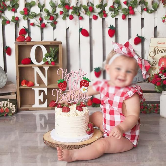 1 PCS Berry 1st Birthday Cake Topper Glitter Sweet Fruit Theme Flower First Birthday Strawberry One Cake Pick for Strawberry Theme Baby Shower 1st Birthday Party Cake Decorations Supplies Pink