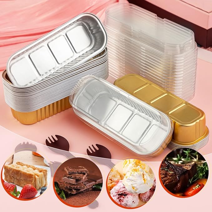 120Pcs Mini Loaf Pans with Lids and Spoons, Aluminum Foil Baking Pans, Rectangle Mini Cake Pan, Brownie Baking Cups for Picnics Party (Gold)