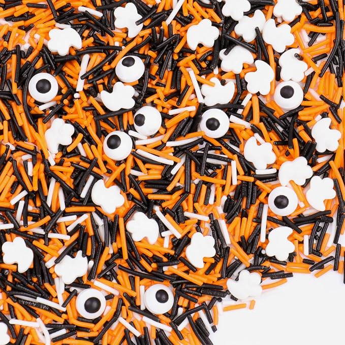 Halloween Sprinkles, Edible Candy Eyes Ghost Mix Halloween Cake Decorations, 4.6oz Black White Orange Jimmies Sprinkles for Cake Decorating