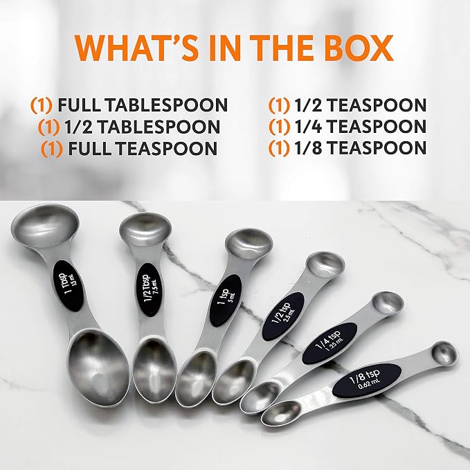 NutriChef 6-Piece Magnetic Measuring Spoon Set - Stainless Steel Stackable Dual Sided Nesting Teaspoon to Tablespoon For Dry & Liquid Ingredients, Stylish, 6 Sizes, Black