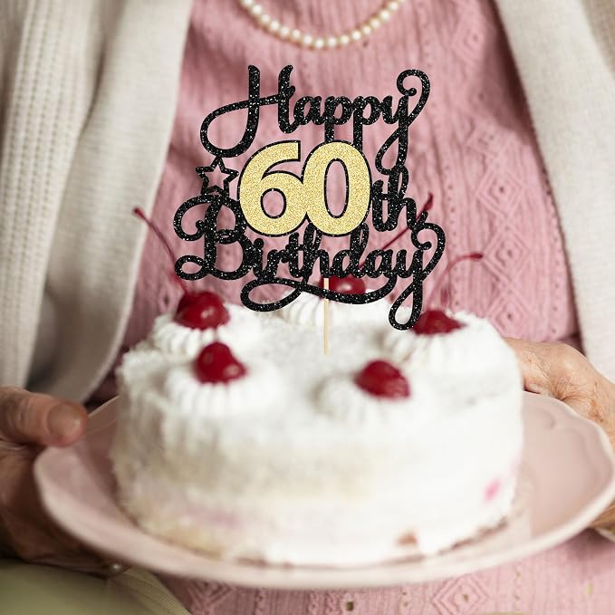 1Pc Happy 60th Birthday Cake Topper Black Gold Glitter Cheers to 60 Years Birthday Cake Pick 60 Fabulous Cake Decoration for Happy 60th Birthday Anniversary Party Cake Decorations Supplies