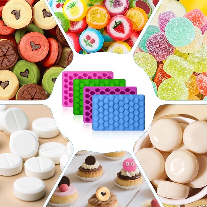 Palksky Round Candy Mold, 4PCS 220 Cavities Mini Cylinder Silicone Molds for Hard Candy, Gummy, Chocolate, Mint, Fruit Snacks, Non-stick for DIY Homemade Treats with 2 Droppers