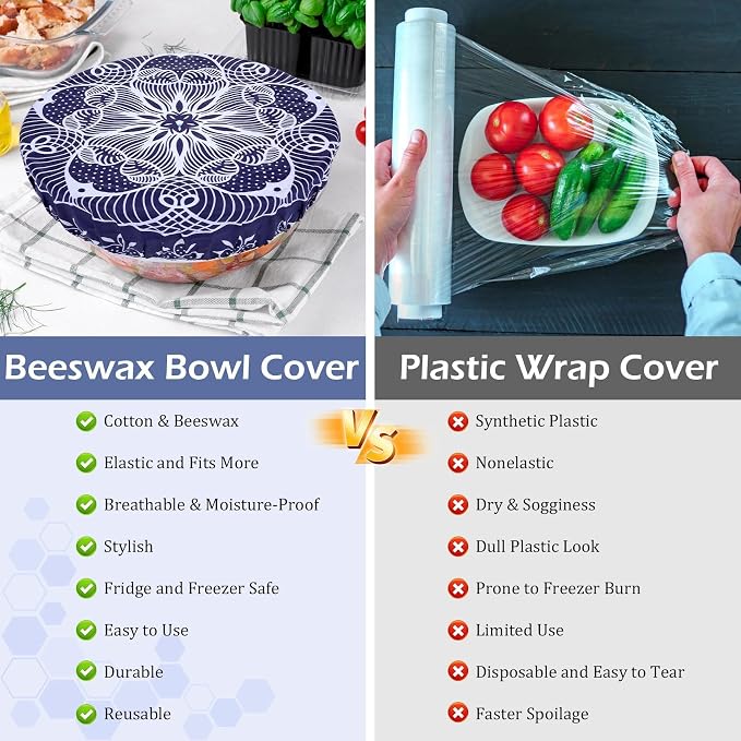 2 Large Reusable Beeswax Bowl Covers for Bread Proofing, 10/12 Inch Elastic Beeswax Wraps Cotton Cloth Sourdough Bowl Covers for Proofing Baskets, Mixer Bowls, Food Storage Containers