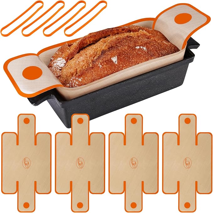 NiHome 4-Pack Silicone Bread Loaf Pan Liners, Reusable and Nonstick Silicone Bread Sling, Fit for 9x5, 9.5x5, and 10x5 Inch Loaf Pans, Dishwasher Safe, Easy to Clean - Brown base, orange edges