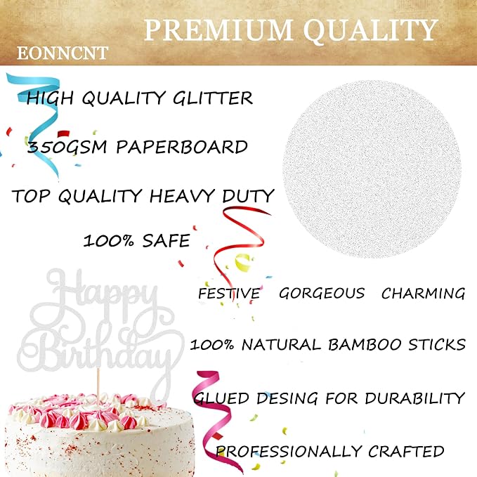 Happy Birthday Cake Topper - Silver Glitter Birthday Party Cake Decoration Supplies, Photo Booth Props
