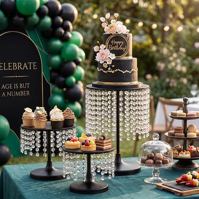 Metal Cake Stand Set with Crystal Pendants - Elegant Dessert Table Display for Weddings, Birthday Parties, Baby Showers, Events - Sturdy Crystal Bling Cupcake Stands for Pastries, Sweets, Decorations (Black, Set of 6)