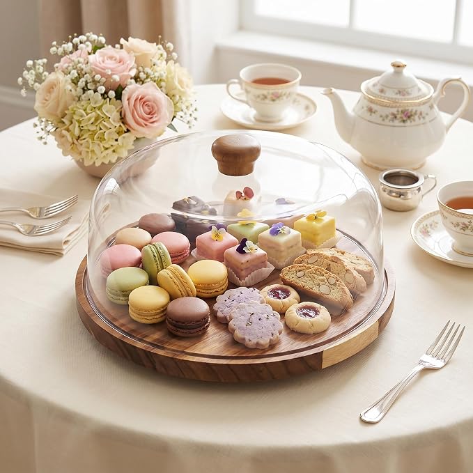 Rotating Acacia Wood Cake Stand with Lid 360°Rotating Cake Stand & Cake Turntable 11.4 Inch Wooden Cake Stand with Lid Clear Acrylic Cake Stand with Dome for Dessert Cupcake Display