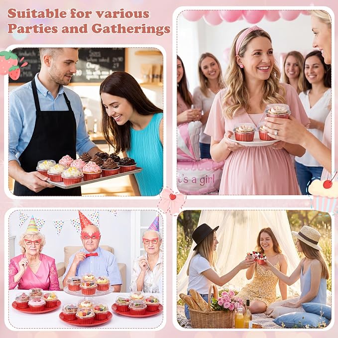 200 Pack Aluminum Foil Cupcake Liners with Lids, 5 oz Round Baking Cup, Disposable Ramekin Container for Graduation Wedding Independence Day Party(Rose Silver,Plain)
