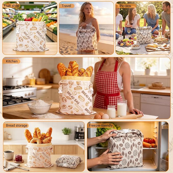 2 Pack Beeswax Bread Bags for Sourdough, Senbowe Reusable Cotton Bread Bags for Storage XL 17x13 Inch, Large Linen Storage Bags with Zipper for Homemade Cooks Sourdough - Keep Fresh, Freezer Safe