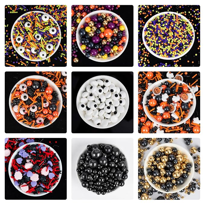 Halloween Sprinkles,Edible Candy Eyeballs,4 Pack,12 ounces,Nonpareils Sprinkle,Thanksgiving Sprinkle,Orange Pumpkin Black Green Pearls Jimmies Sanding Sugar Mix,Perfect for Cake Decorations,Baking,Cookies, Cupcake Topper