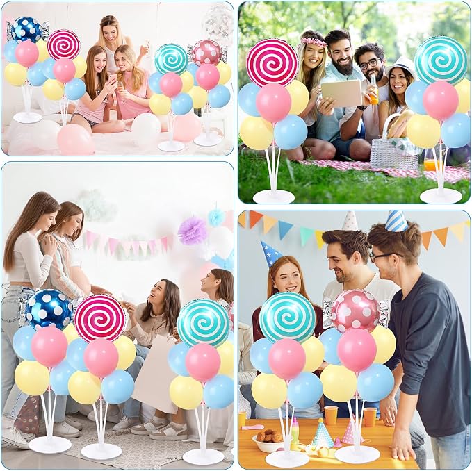4 Sets Pastel Sweet Candy Theme Party Balloons Stand Kit with Lollipop Candies Foil Balloons Party Balloon Centerpiece for Tables for Candy World Birthday Party Candies Themed Decoration