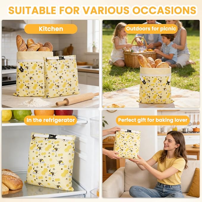 Beeswax Bread Bag for Homemade Bread Sourdough, 2 Pack Reusable Bees Waxed Infused Linen Wrap for Baguette Loaf Bread Freezer, Fresh Food Keeper Storage Container, Homesteading Essentials Yellow-Bee