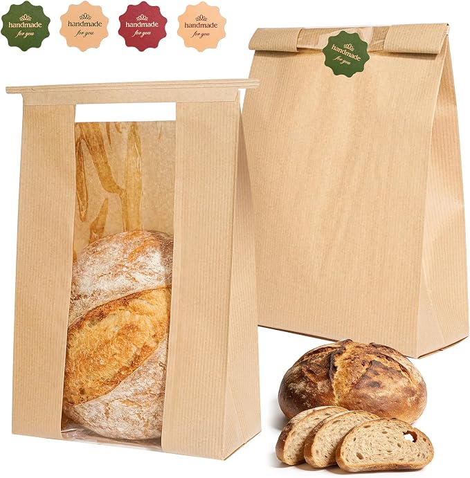 Funcoo 50 Paper Bread Bags for Homemade Bread, Sourdough Bread Bags Bakery Bags with Window/Tin Tie Tab Lock, Large Bread Loaf Bags for Baked Goods Packaging, Label Seal sticker included (50)