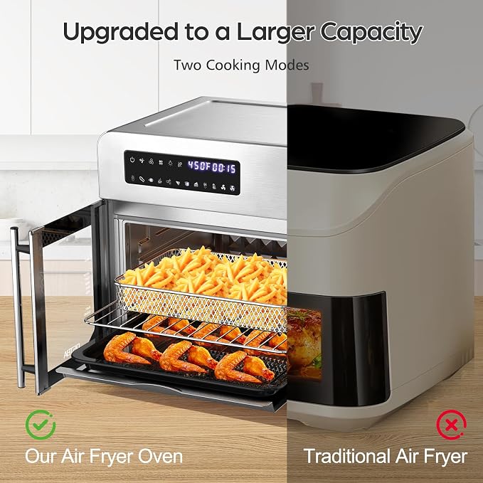 OSTBA French Door Air Fryer Toaster Oven Combo, 24QT 10-in-1 Oven | 10-in-1 Cooking, 1700W Power, Adjustable Fan Speed, Rotisserie Function, 102-Recipe Book, 6 Accessories