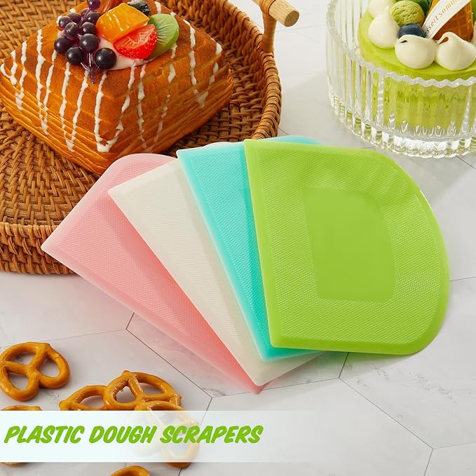 Thyle 36 Pcs Plastic Dough Scraper Set Bowl Multipurpose Dough Cutter Flexible Scraper Spatula for Kitchen Baking Tool Cake Bread Pizza Food Pastry Icing Fondant, White, Pink, Green and Blue