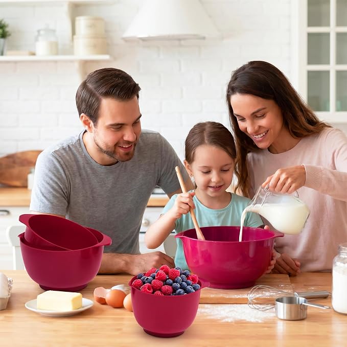BoxedHome Nesting Plastic Mixing Bowl Set, 4 Piece Mixing Bowl Set with Pour Spouts, Size 1.7, 2.5, 3.5 and 4.5qt, for Prepping, Mixing, Baking, Cooking, Deep Carmine