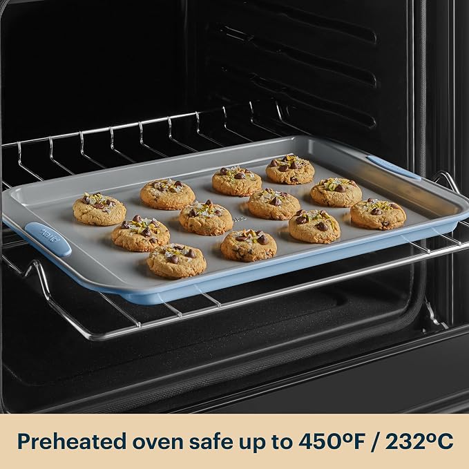 Pyrex 3-Piece Metal Cookie Sheet Bakeware Set, Lightweight Stainless Steel Baking Trays with Heatsafe Silicone Handles, Cookie Sheet Baking Pan, Cerulean