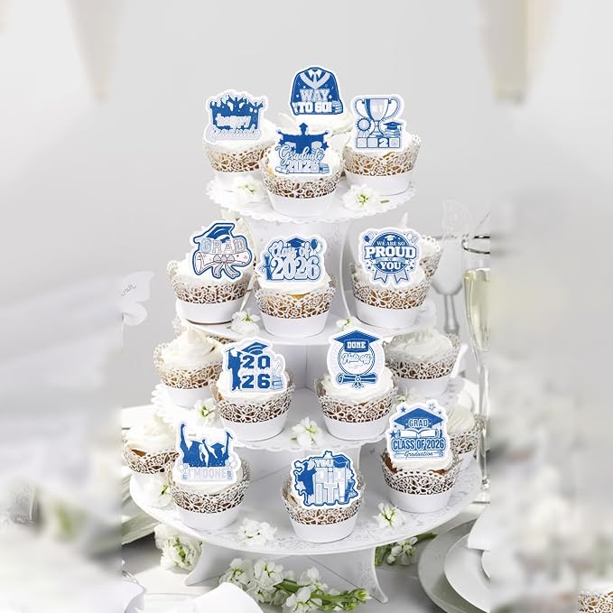 60 PCS Edible 2026 Graduation Cupcake Toppers Class of 2026 Cupake Decorations Edible Done Diploma Congrats Grad Cupcake Picks for 2026 Graduation Theme Party Cake Decorations Supplies Blue Silver