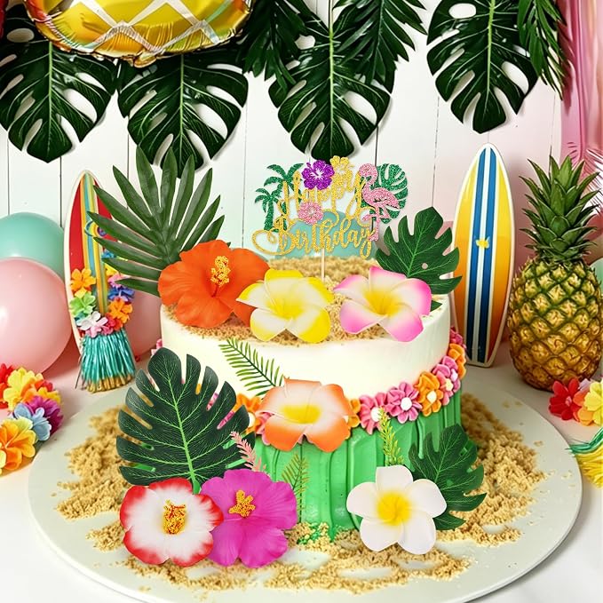 Hooqict 16Pcs Hawaiian Flower Cake Decorations Set with Palm Leaves Tropical Flowers Cake Toppers for Summer Hawaii Luau Beach Themed Birthday Party Decorations Supplies