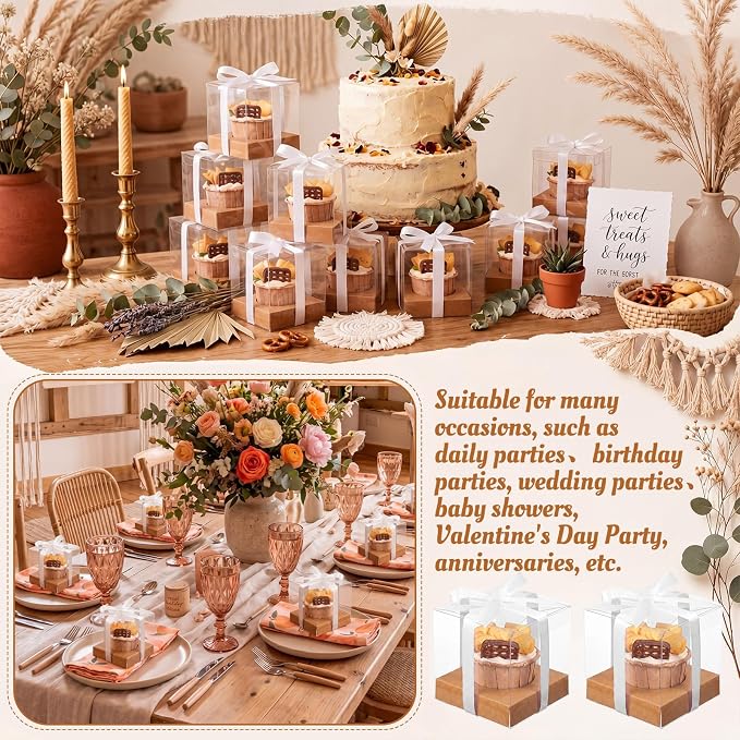 Thenshop 50 Pcs Clear Cupcake Boxes Individual 3.5 Inch Plastic Single Cupcake Containers Boxes with Inserts and Ribbon Individual Cake Storage Holders for Cake Kitchen (Kraft)