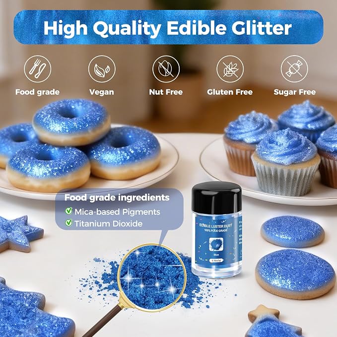 CRPTHE Blue Luster Dust Edible 5g, Edible Glitter for Drinks, Food Grade Glitter Shimmer Sprinkle Powder for Cocktails, Baking, Beverages, Cakes, Strawberries, Cookies, Fondant, Vegan
