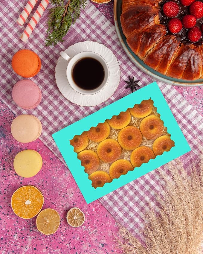 qiqee Auto-pop Up Mint Blue Cookie Box with Window 14x10x2.5 inch 24Pcs Bakery Pastry Macaron Bakery Box For Packaging