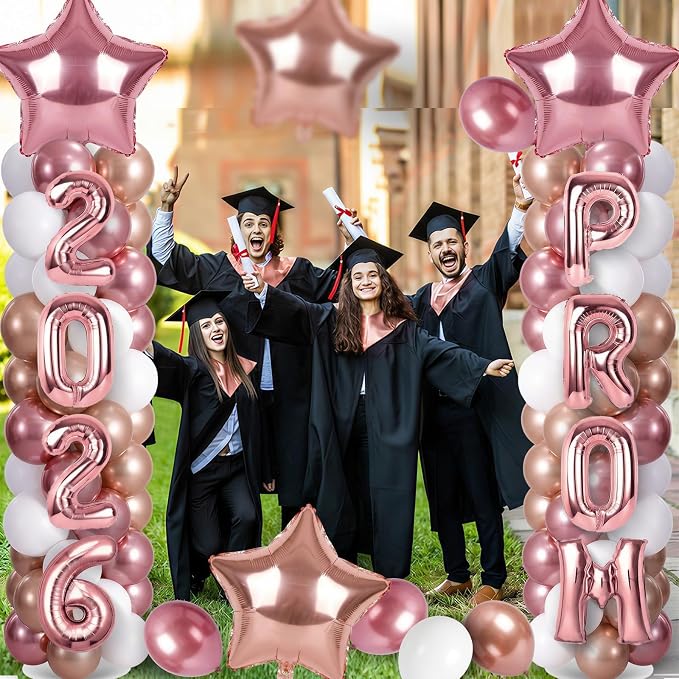 2 Sets Graduation Balloon Column Stand Kits with 132 PCS Rose Champagne Gold Latex Balloons 2026 Letters 6.5 Ft Adjustable Metal Tube Telescopic Tower Pillar with Base for Graduation Party Decoration