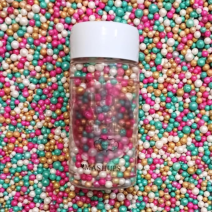 Confect Love Disco Balls Sprinkles Mix | Edible Decorative Pearl Balls in Turquoise, Pink, Gold & White – Cake Sprinkles for Decorating Cupcakes, Cookies, Cakes, and Party Treats | Vegan, Gluten-Free, Nut-Free, Soy-Free, Dairy-Free, Palm Oil-Free- 4.2